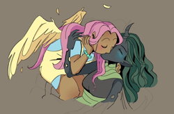 Size: 680x447 | Tagged: safe, artist:stevetwisp, fluttershy, queen chrysalis, human, g4, blushing, chrysashy, duo, eyes closed, female, humanized, kissing, lesbian, moderate dark skin, shipping, winged humanization, wings