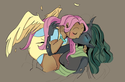 Size: 680x447 | Tagged: safe, artist:stevetwisp, fluttershy, queen chrysalis, changeling, human, g4, blushing, chrysashy, duo, eyes closed, female, humanized, kissing, lesbian, moderate dark skin, shipping, winged humanization, wings