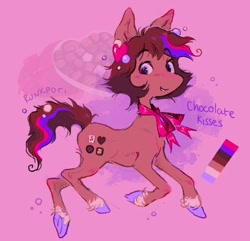 Size: 797x768 | Tagged: safe, artist:lutraviolet, oc, oc only, oc:chocolate kisses, earth pony, pony, color palette, colored hooves, coronet (coat marking), eyebrows, eyebrows visible through hair, hooves, neck bow, pink background, reference sheet, simple background, thin