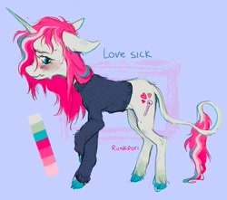 Size: 816x720 | Tagged: safe, artist:lutraviolet, oc, oc only, oc:love sick, pony, unicorn, clothes, cloven hooves, color palette, colored hooves, ears back, gradient horn, hooves, horn, lavender background, leonine tail, not moondancer, reference sheet, simple background, sweat, sweatdrop, sweater, tail