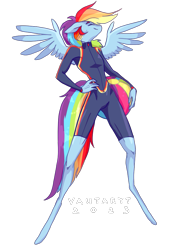 Size: 723x1023 | Tagged: safe, artist:vautaryt, part of a set, rainbow dash, pegasus, anthro, unguligrade anthro, g4, beach ball, clothes, eyes closed, hand on hip, simple background, solo, spread wings, swimsuit, transparent background, wetsuit, wings