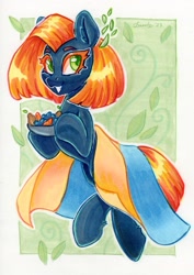 Size: 1452x2048 | Tagged: safe, artist:dandy, oc, oc only, oc:sweet peace, earth pony, pony, bowl, colored eyelashes, ear fluff, earth pony oc, female, flag, fruit, looking at you, mare, marker, raffle prize, smiling, solo, traditional art, ukraine