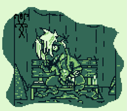 Size: 783x687 | Tagged: safe, artist:damset, oc, oc only, oc:da-mset, changeling, anthro, bench, book, cider, cloak, clothes, dust, monochrome, ms paint, one eye, pixel art, rain, sad, simple background, song reference