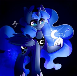 Size: 3571x3523 | Tagged: safe, artist:dark-reaper-0, princess luna, alicorn, pony, g4, black background, blue eyes, blue mane, blue tail, crescent moon, cute, digital art, female, flowing mane, flowing tail, folded wings, glowing, gradient background, high res, hoof shoes, horn, mare, moon, moonlight, peytral, raised hoof, signature, simple background, smiling, solo, stars, tail, wings