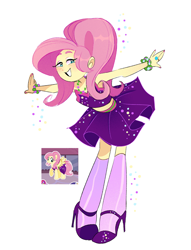 Size: 2048x2686 | Tagged: safe, artist:stevetwisp, gameloft, fluttershy, human, g4, my little pony: magic princess, blushing, clothes, dress, female, high heels, high res, humanized, kneesocks, pony coloring, shoes, simple background, socks, solo, white background