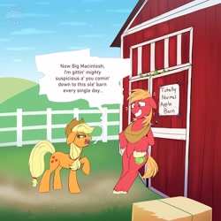 Size: 4000x4000 | Tagged: safe, artist:confetticakez, applejack, big macintosh, earth pony, pony, g4, applejack is not amused, applejack's hat, barn, big macintosh's yoke, brother and sister, cowboy hat, dishonorapple, duo, duo male and female, female, fence, food, freckles, fruit heresy, grin, hat, hay bale, horse collar, male, mare, nervous, nervous smile, nervous sweat, pear, raised hoof, siblings, smiling, stallion, suspicious, unamused, unshorn fetlocks