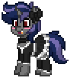 Size: 725x816 | Tagged: safe, oc, oc only, oc:dreaming star, bat pony, bat pony unicorn, hybrid, pony, unicorn, pony town, bat pony oc, blushing, choker, clothes, crossdressing, cute, dress, fangs, femboy, game, girly, horn, maid, male, ocbetes, red eyes, ribbon, shirt, simple background, skirt, socks, solo, stallion, transparent background