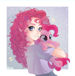 Size: 2806x2852 | Tagged: safe, artist:eiirine, pinkie pie, human, pony, g4, big lashes, bust, clothes, curly hair, curly mane, denim, eyelashes, female, fluffy, high res, hug, humanized, jeans, light skin, looking at you, looking back, looking back at you, mare, open mouth, open smile, pants, plushie, pony plushie, portrait, shirt, smiling, smiling at you, solo, t-shirt