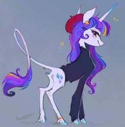 Size: 880x899 | Tagged: safe, artist:lutraviolet, rarity, pony, unicorn, g4, butt, clothes, hat, long tail, looking at you, plot, redesign, simple background, solo, sweat, tail, thin, thin legs