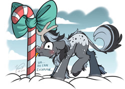 Size: 1063x752 | Tagged: safe, artist:julunis14, oc, oc only, oc:charcoal, kirin, male, solo, stallion, stuck, tongue out, tongue stuck to pole, winter