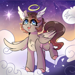 Size: 2500x2500 | Tagged: safe, artist:dark-reaper-0, oc, oc only, angel, angel pony, original species, pegasus, pony, cloud, halo, head wings, high res, on a cloud, one wing out, open mouth, raised leg, signature, sky, solo, standing on a cloud, stars, wings
