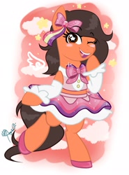 Size: 1516x2047 | Tagged: safe, artist:amgiwolf, oc, oc:robertapuddin, pony, bipedal, bow, clothes, cosplay, costume, cute, dress, old art, one eye closed, solo