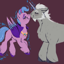 Size: 1500x1500 | Tagged: safe, artist:bagajewsky, alphabittle blossomforth, queen haven, pegasus, pony, unicorn, g5, boop, duo, female, male, mare, noseboop, ship:alphahaven, shipping, simple background, stallion, straight