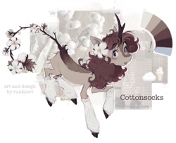 Size: 1464x1190 | Tagged: safe, artist:lutraviolet, oc, oc only, oc:cottonsocks, kirin, adoptable, blush lines, blushing, branch tail, clothes, color palette, cotton, exclamation point, flower, kirin oc, leg warmers, open mouth, reference sheet, solo