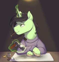 Size: 3309x3502 | Tagged: safe, artist:flash note, oc, oc:gunny, pony, unicorn, cigarette, gun, high res, magic, solo, weapon