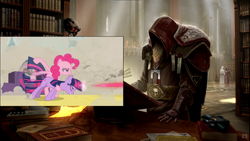 Size: 1920x1080 | Tagged: safe, screencap, pinkie pie, twilight sparkle, a canterlot wedding, g4, april fools, archway, book, bookshelf, meta, twigun, warhammer (game), warhammer 40k, youtube