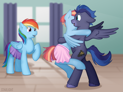 Size: 3107x2320 | Tagged: safe, artist:starlight, rainbow dash, windy whistles, oc, oc:stormspark, pegasus, pony, g4, blushing, clothes, cute, glomp, high res, hug, miniskirt, pegasus oc, skirt, windybetes, winghug, wings