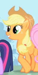 Size: 160x310 | Tagged: safe, screencap, applejack, earth pony, pony, g4, hat, smiling