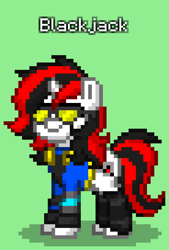 Size: 552x816 | Tagged: safe, oc, oc only, oc:blackjack, pony, unicorn, fallout equestria, fallout equestria: project horizons, pony town, clothes, delta pipbuck, fanfic art, green background, jumpsuit, security, security armor, simple background, solo, vault suit