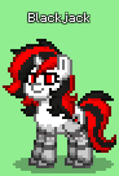 Size: 552x816 | Tagged: safe, oc, oc only, oc:blackjack, cyborg, cyborg pony, pony, unicorn, fallout equestria, fallout equestria: project horizons, pony town, cybernetic legs, fanfic art, green background, simple background, solo