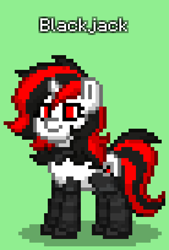 Size: 552x816 | Tagged: safe, oc, oc only, oc:blackjack, cyborg, cyborg pony, pony, unicorn, fallout equestria, fallout equestria: project horizons, pony town, collar, cybernetic legs, fanfic art, green background, simple background, solo