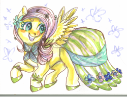 Size: 2157x1656 | Tagged: safe, artist:temary03, fluttershy, pegasus, pony, g4, abstract background, clothes, dress, female, flower, flower in hair, gala dress, mare, solo, spread wings, traditional art, wings