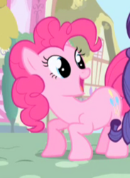 Size: 201x275 | Tagged: safe, screencap, pinkie pie, rarity, earth pony, pony, unicorn, g4, excited, female, happy, house, looking at someone, mare, offscreen character, open mouth, open smile, smiling, solo focus, standing