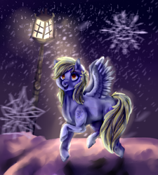 Size: 1613x1796 | Tagged: safe, artist:temary03, derpy hooves, pegasus, pony, g4, female, lantern, mare, night, smiling, snow, solo, underp, winter