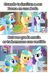 Size: 1080x1639 | Tagged: safe, applejack, rainbow dash, rarity, g4, el almacén de fluttershy, meme, spanish, text