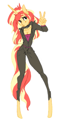 Size: 600x1213 | Tagged: safe, artist:vautaryt, sunset shimmer, unicorn, anthro, unguligrade anthro, g4, breasts, cleavage, clothes, collar, female, jacket, peace sign, simple background, solo, transparent background