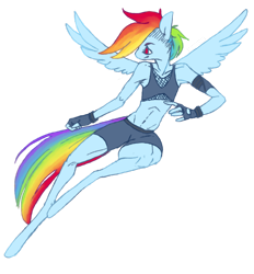 Size: 1280x1378 | Tagged: safe, artist:vautaryt, rainbow dash, pegasus, anthro, unguligrade anthro, g4, armband, clothes, delicious flat chest, fingerless gloves, flying, gloves, midriff, rainbow flat, shorts, simple background, solo, transparent background