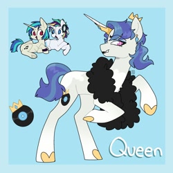 Size: 2000x2000 | Tagged: safe, artist:orionofthestars, dj pon-3, rarity, vinyl scratch, oc, oc:queen, pony, unicorn, g4, alternate hairstyle, black lipstick, blue background, body markings, bracelet, clothes, colored hooves, crown, ear piercing, earring, eyeshadow, feather boa, female, floating crown, headphones, high res, horn, jewelry, lesbian, lipstick, looking at each other, looking at someone, looking at you, lying down, magenta eyes, magical lesbian spawn, makeup, mare, offspring, parent:rarity, parent:vinyl scratch, parents:rariscratch, piercing, ponytail, prone, punk, raripunk, rariscratch, rearing, regalia, scarf, shipping, simple background, trio, unicorn oc