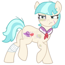 Size: 903x904 | Tagged: safe, artist:sjart117, coco pommel, earth pony, pony, g4, angry, bandage, black eye, bloodshot eyes, bruised, bully, butt, coco pummel, cut, female, mare, messy mane, plot, rough, scar, scared, scruffy, simple background, solo, thug, thug life, transparent background, watermark