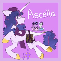 Size: 2000x2000 | Tagged: safe, artist:orionofthestars, rarity, twilight sparkle, oc, oc:ascella, alicorn, pony, unicorn, g4, beret, book, clothes, coat markings, colored hooves, colored horn, female, hair bun, hair styling, hat, high res, horn, jewelry, lavender background, leonine tail, lesbian, looking at you, magic, magical lesbian spawn, mare, offspring, parent:rarity, parent:twilight sparkle, parents:rarilight, pillow, purple eyes, ring, scarf, ship:rarilight, shipping, simple background, socks (coat markings), tail, tail ring, telekinesis, trio, twilight sparkle (alicorn), unicorn oc