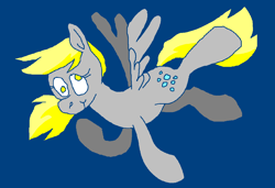 Size: 1296x886 | Tagged: safe, artist:msponies, derpy hooves, pegasus, pony, g4, blue background, female, flying, mare, ms paint, raised hoof, requested art, simple background, smiling, solo, spread wings, tail, wings