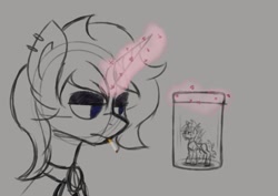 Size: 1165x825 | Tagged: safe, artist:ashel_aras, oc, oc only, oc:ashel, oc:beatrice mills, changeling, pony, unicorn, cigarette, clothes, jar, magic, piercing, sketch