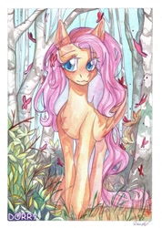 Size: 769x1080 | Tagged: safe, artist:dorry, fluttershy, butterfly, pegasus, pony, g4, birch tree, forest, grass, looking away, scan, solo, traditional art, tree, watercolor painting