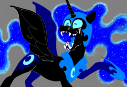 Size: 1296x886 | Tagged: safe, artist:msponies, nightmare moon, alicorn, pony, g4, armor, female, gray background, hoof shoes, mare, ms paint, open mouth, open smile, princess shoes, raised hoof, requested art, sharp teeth, simple background, smiling, solo, spread wings, tail, teeth, wings