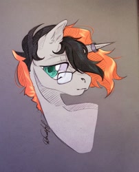Size: 874x1080 | Tagged: safe, alternate version, artist:dorry, artist:jsunlight, oc, oc only, pony, unicorn, bust, collaboration, colored, floating head, glasses, horn, horn ring, looking away, photo, portrait, ring, solo, traditional art