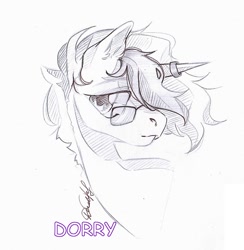 Size: 1052x1080 | Tagged: safe, artist:dorry, oc, oc only, pony, unicorn, black and white, bust, floating head, glasses, grayscale, horn, horn ring, looking away, monochrome, pencil drawing, portrait, ring, scan, sketch, solo, traditional art