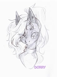 Size: 796x1080 | Tagged: safe, alternate version, artist:dorry, oc, oc only, pony, black and white, choker, grayscale, implied pegasus, monochrome, pencil drawing, ponytail, scan, sketch, solo, traditional art