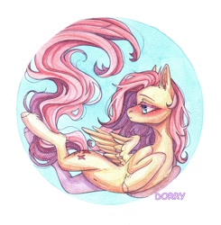 Size: 1060x1080 | Tagged: safe, artist:dorry, fluttershy, pegasus, pony, g4, blue background, circle background, looking away, scan, simple background, solo, traditional art, watercolor painting, white background