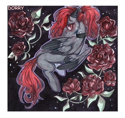 Size: 1280x1204 | Tagged: safe, artist:dorry, oc, oc only, pegasus, pony, black background, choker, colored, flower, outline, pegasus oc, ponytail, red eyes, rose, scan, simple background, solo, tattoo, traditional art, white frame, white outline, white tattoo