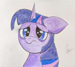 Size: 1898x1706 | Tagged: safe, artist:engi, twilight sparkle, pony, unicorn, g4, female, floppy ears, frown, sad, simple background, solo, traditional art, unicorn twilight, watercolor painting, wrong eye color