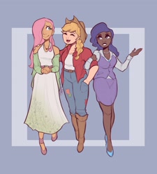 Size: 1847x2048 | Tagged: safe, artist:scribleygmrdood, applejack, fluttershy, rarity, human, g4, clothes, dark skin, female, humanized, light skin, tan skin, trio