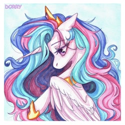 Size: 1280x1280 | Tagged: safe, artist:dorry, princess celestia, pony, g4, blue background, bust, crown, jewelry, looking down, portrait, regalia, scan, simple background, traditional art, watercolor painting