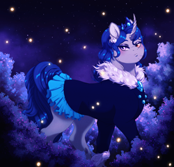 Size: 2026x1954 | Tagged: safe, artist:silverwolf866, oc, oc only, changeling, firefly (insect), insect, pony, unicorn, clothes, commission, disguise, disguised changeling, dress, eyeshadow, floppy ears, heterochromia, horn, jewelry, looking at you, makeup, night, solo, ych result