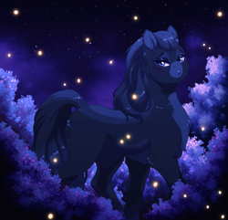 Size: 2026x1954 | Tagged: safe, artist:silverwolf866, oc, oc only, earth pony, firefly (insect), insect, pony, coat markings, commission, earth pony oc, eyeshadow, floppy ears, looking at you, makeup, night, solo, ych result