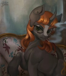 Size: 890x1024 | Tagged: safe, artist:rottengotika, oc, pony, unicorn, cigarette, commission, couch, horn, solo, unicorn oc