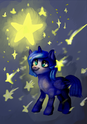 Size: 700x1000 | Tagged: safe, artist:temary03, princess luna, g4, female, filly, red nosed, smiling, solo, stars, tangible heavenly object, woona, younger